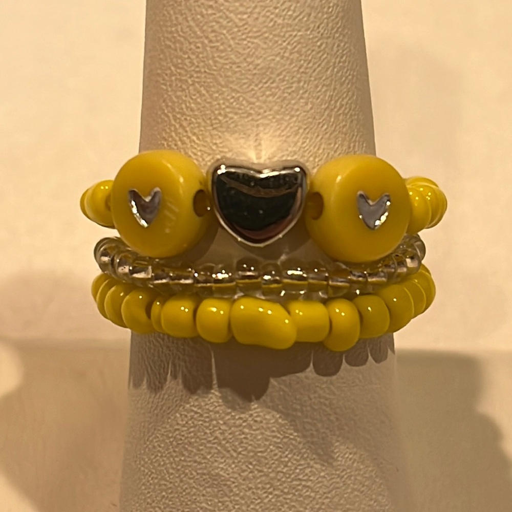 Handmade Yellow Hearts Beaded Ring Set, Stretchy
